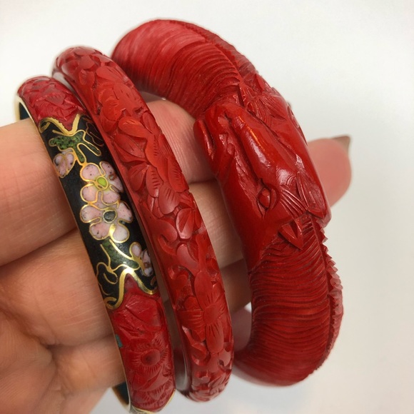 Jewelry - Chinese Cinnabar Carved Bangles & Enameled bangle
